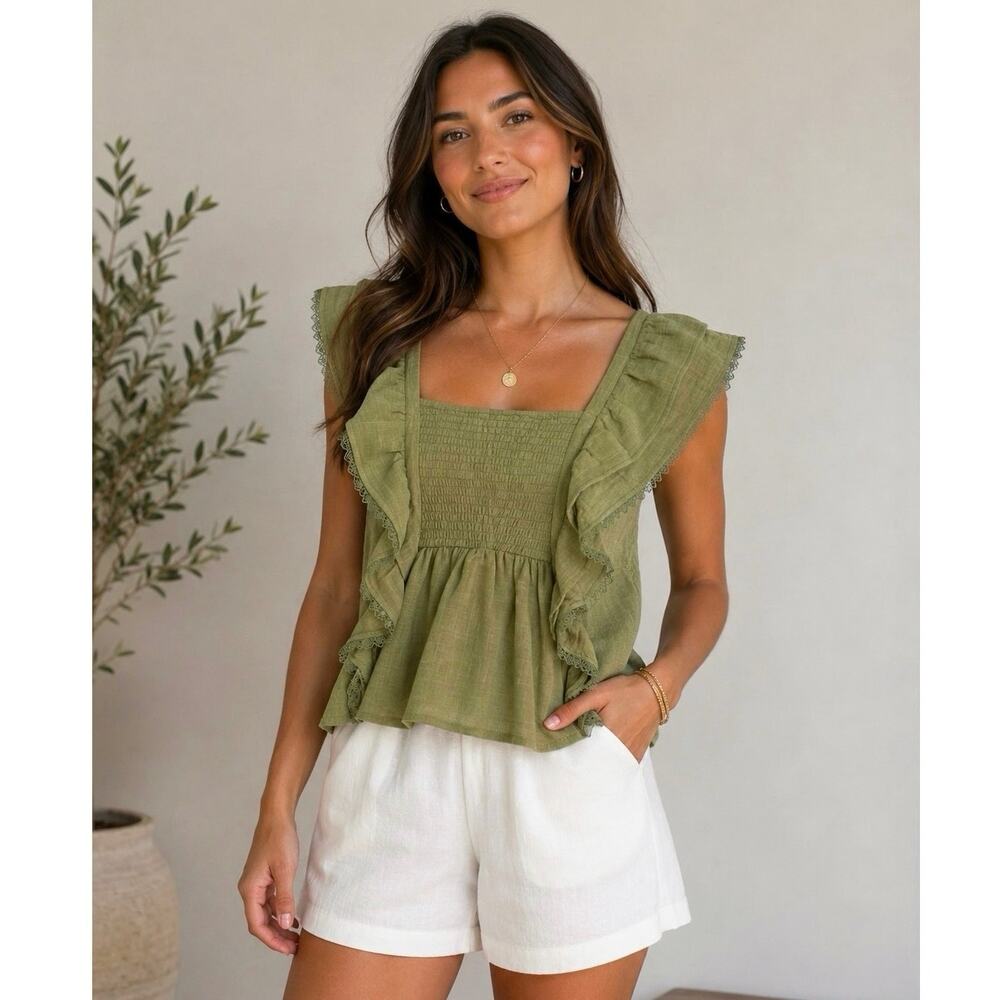 Coco + Jaimeson Olive Green Cotton Smocked Ruffle Lace Boho Top Women’s M and L